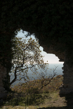 Ancient Stone Archway Framing Tree and Distant Landscape