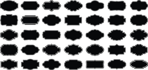 Collection of Black Decorative Frames and Labels of Various Shapes on White Background
