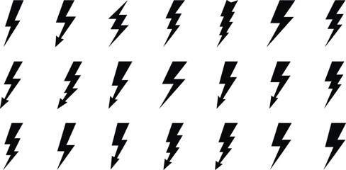Assortment of Black Lightning Bolt Icons and Symbols on White Background thunderbolt electricity