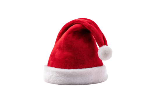 Classic red santa hat with white trim isolated on transparent background