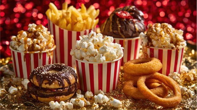 Assortment of popular concession stand snacks displayed on shimmering gold surface with red background