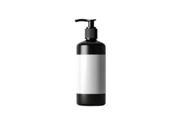Clear glass bottle with blank white label isolated on transparent background