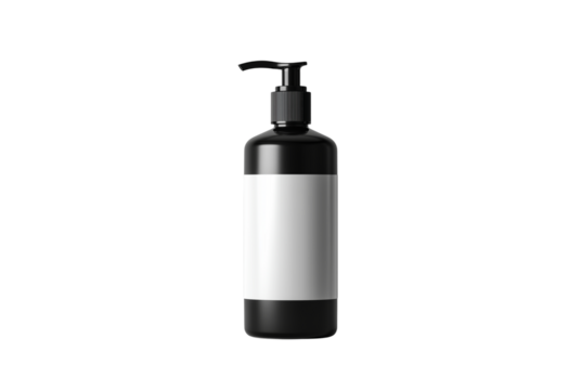 Clear glass bottle with blank white label isolated on transparent background