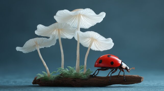 Brightly colored insect crawls near delicate translucent fungi growing on wood