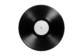 Vintage black vinyl record with white label isolated on transparent background