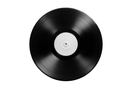 Vintage black vinyl record with white label isolated on transparent background