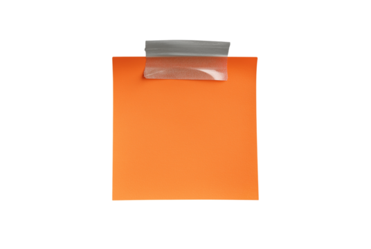 Orange paper note attached with tape isolated on transparent background