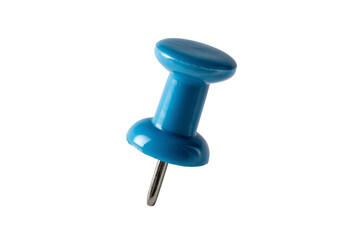 Single blue thumbtack pin isolated on transparent background
