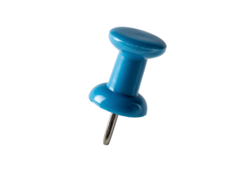 Single blue thumbtack pin isolated on transparent background
