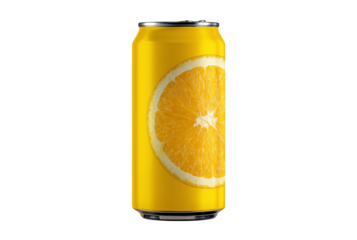 Bright yellow soda can with orange design isolated on transparent background