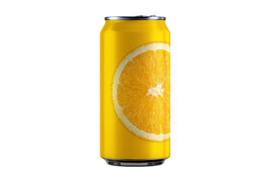 Bright yellow soda can with orange design isolated on transparent background - Powered by Adobe