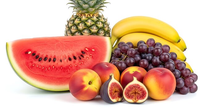 Assortment of fresh fruits including watermelon, pineapple, bananas, grapes, peaches, and figs