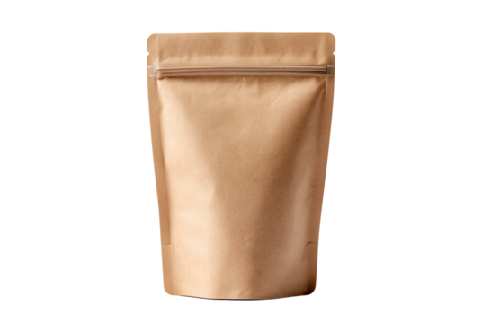 Brown paper stand up pouch with zipper closure isolated on transparent background