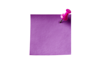 Purple sticky note with pink pushpin isolated on transparent background
