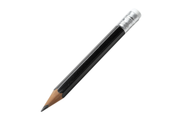 A sharp black pencil with an eraser isolated on transparent background