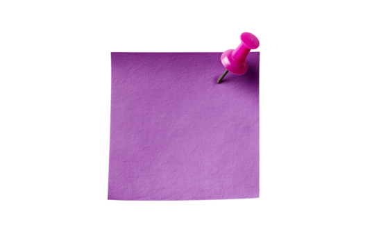 Purple sticky note with pink pushpin isolated on transparent background - Powered by Adobe
