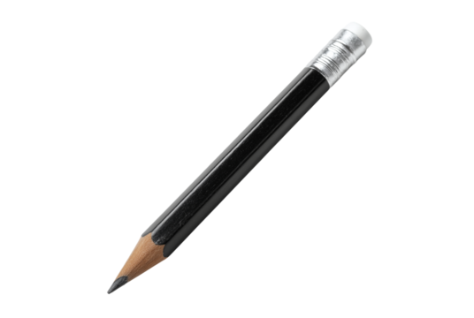 A sharp black pencil with an eraser isolated on transparent background