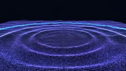 Abstract digital landscape featuring glowing blue and purple concentric waves, visualizing complex data streams, sound propagation, or energetic ripple effects across a dark virtual space