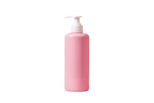 Pink lotion bottle with white pump dispenser isolated on transparent background