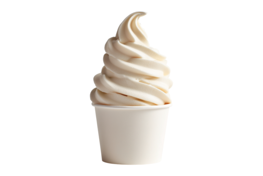Creamy vanilla soft serve ice cream in a white cup isolated on transparent background