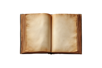 Ancient open book with aged parchment pages isolated on transparent background