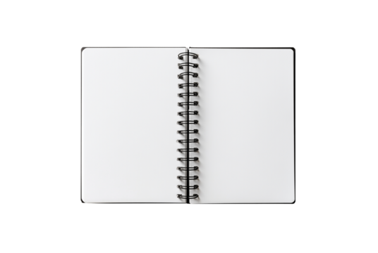 Open blank spiral bound notebook with white pages isolated on transparent background
