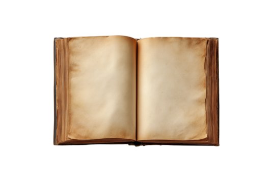 Ancient open book with aged parchment pages isolated on transparent background