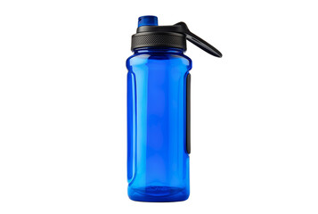 Bright blue sports water bottle with black lid isolated on transparent background