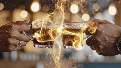 Couple toasting with steaming coffee cups in warm light. Fiery glow emerges as they connect passionately. Romantic beverage moment symbolizing warmth and love, cinematic footage.