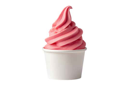 Delicious pink strawberry soft serve ice cream in a white cup isolated on transparent background - Powered by Adobe