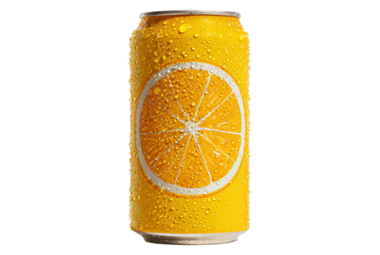 Refreshing orange soda can with water droplets isolated on transparent background