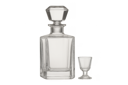 Glass decanter and shot glass on transparent background