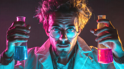 A man chemist with messy hair, holding glass beakers with colorful liquids in both hands Creative madness in lab scene. Blurred cyber background with neon glowing .