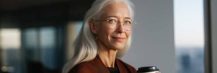 Elderly caucasian female with glasses and white hair holding coffee in modern office setting