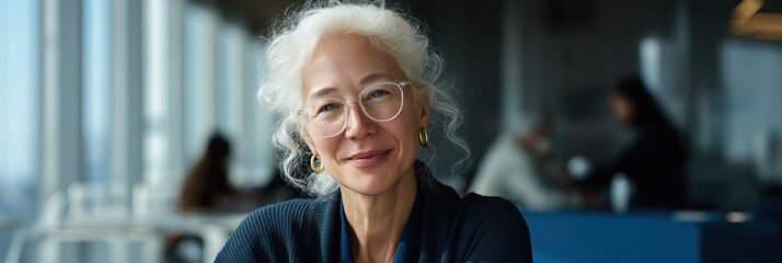 Elderly caucasian female with glasses smiling indoors in bright cafe