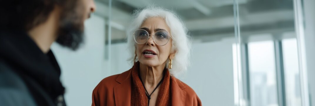 Mature caucasian woman in glasses conversing with male in modern office setting