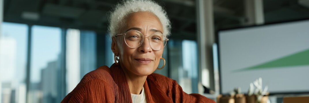 Mature african female professional smiling in modern office with glasses and white hair