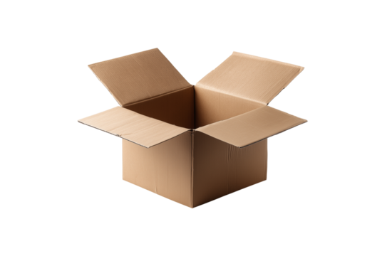 Open brown cardboard box isolated on transparent background