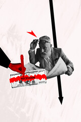 Trendy poster banner 3d collage photo of puzzled old businessman sit arrow decline problem...