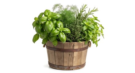 Naklejka premium A wooden bucket filled with fresh herbs like basil, rosemary, and thyme