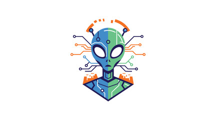 Robotic alien head with blue, green, and orange details, circuit accents, geometric shape