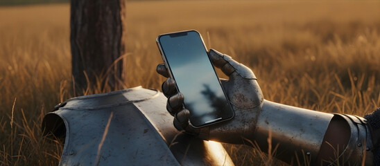 Medieval armored hand holding modern smartphone at sunset