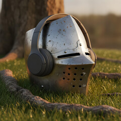 Medieval knight helmet fitted with modern wireless headphones