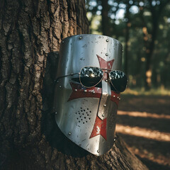 Templar knight helmet wearing modern sunglasses