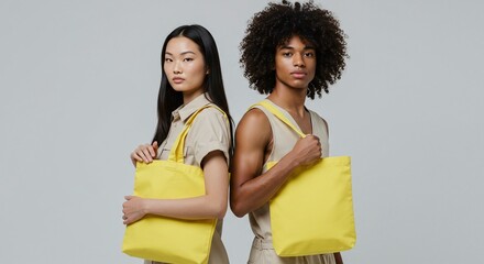 Two models showcase sustainable fashion with yellow tote bags. Ideal for ecofriendly fashion brands and environmentally conscious advertisements.