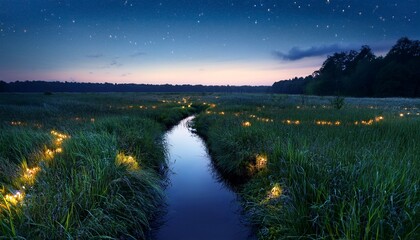 A Field Dotted With Fireflies At Dusk Two Parallel Water Paths In The Tall Grass A Forest On The Horizon A Dark Sky A Magical Atmosphere