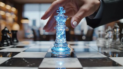 Womans hand in business suit placing glowing chess king on board, then array of illuminated pieces emerge. Corporate strategy and power move metaphor for advertising concepts. Digital animation