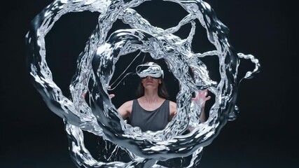 Woman immersing in virtual reality with flowing digital streams. Surreal VR interaction sequence. Conceptual footage for advertising futuristic tech experiences.
