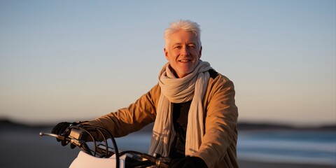 Mature caucasian man enjoying a beach ride at sunset in winter attire