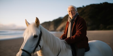 Elderly caucasian man riding white horse on beach at dusk, smiling peacefully